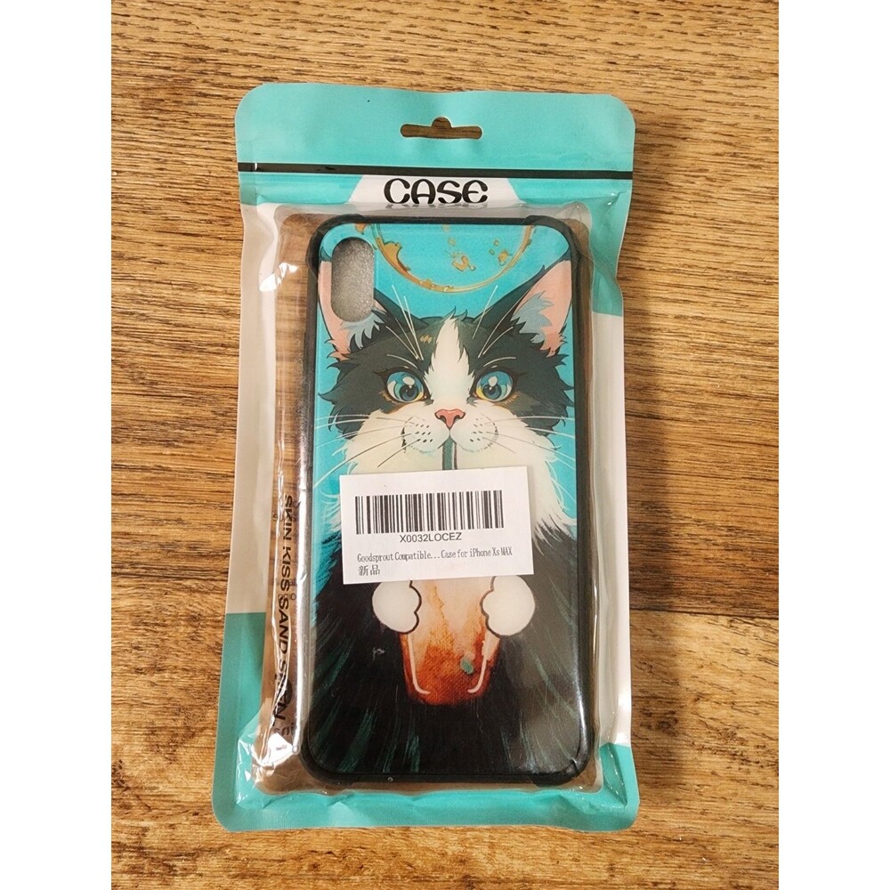 New Unopened Goodsprout iPhone Xs Max Hard Back Case Cat Drinking Coffee Teal